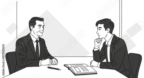 Two businessmen in formal meeting negotiating deal.