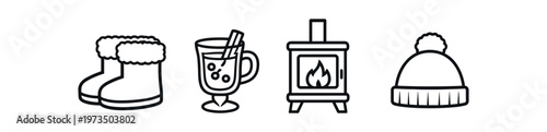 Winter cozy accessories icon set. warm boots, mulled wine glass, fireplace stove, knit hat, cozy holiday, winter comfort. line, flat and colored vector icon set.