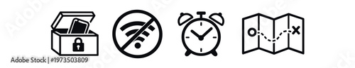 Travel and planning icon set. locked box, no wifi sign, alarm clock, folded map. line flat vector icon set.