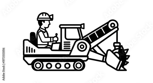 Tunnel Boring Machine Illustration with Miner, Construction Equipment.