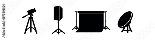 Photography studio equipment icons. tripod camera, studio light, backdrop, makeup mirror silhouette. flat vector illustration.