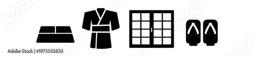 Japanese tatami, kimono robe, shoji screen and geta sandals icon set. tatami mat, yukata, sliding door, wooden clogs. flat vector illustration isolated on white background.
