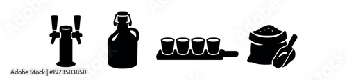 Brewery and beer service icon set. double tap tower, growler jug, tasting flight, sack of malt with scoop, brewery supplies and service. flat vector illustration.