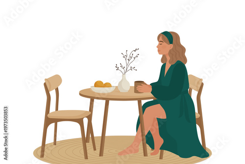 Woman drinking coffee at table in green dress isolated vector illustration.