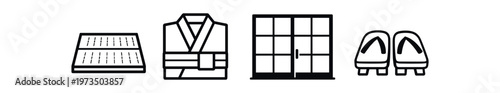 Japanese tatami, kimono robe, shoji screen and geta sandals icon set. tatami mat, yukata, sliding door, wooden clogs. line and flat vector illustration.