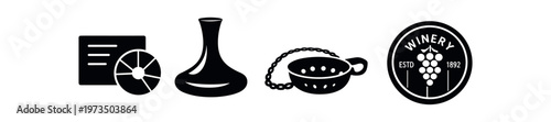Winery and wine service icon set. analytics chart, decanter, wine strainer, winery badge and label, tasting and branding. flat vector illustration.