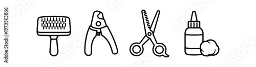 Pet grooming tools icon set. brush, nail clippers, grooming scissors, shampoo bottle, cotton. line, flat vector illustration.