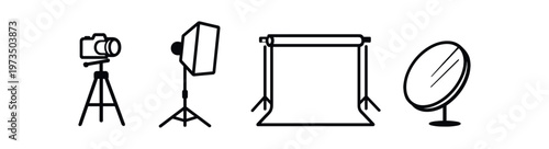 Photography studio equipment icon set. camera on tripod, softbox, backdrop, mirror. line, flat vector illustration.