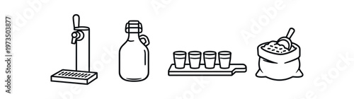 Beer and brewing line icon set. draft tap, swing-top growler, tasting flight, sack of grain with scoop, brewery ingredients and service. line and flat vector illustration.