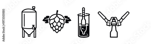 Brewery equipment icon set. fermentation tank, hop cone, measuring jar, bottle capper, brewing tools. line, flat vector illustration.