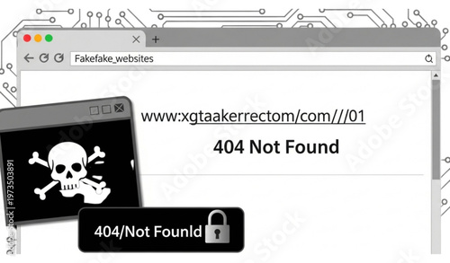 A vector graphic illustration of a 404 error page with a skull and crossbones