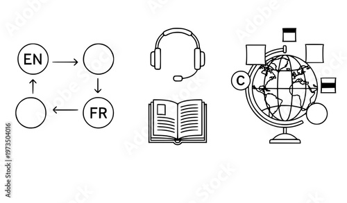 A vector graphic illustrating language translation and education concepts