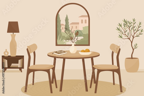 Japandi style dining room interior with wooden furniture and window view vector illustration.