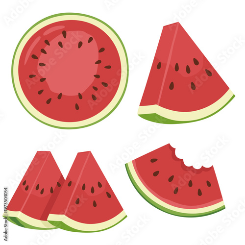 Watermelon slices vector set. Half fruit and juicy slices in different shapes. Summer fruit icons isolated on white background.