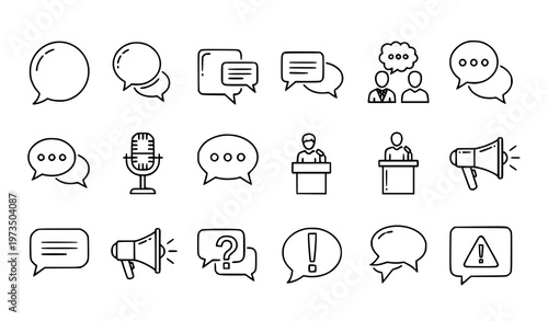 A set of line art speech bubbles and communication icons in a flat design style