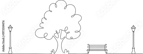 Continuous single line drawing of park scene with tree bench and street lamps minimalist landscape illustration