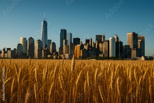 Manhattan skyline viewed over a golden wheat field at sunset