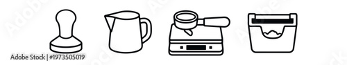 Coffee tools icon set. tamper, milk jug, portafilter on scale, knock box. line and flat vector illustration.