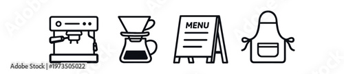 Coffee shop barista icon set. espresso machine, pour-over coffee, menu board, apron, cafe, brewing. line and flat vector icon set.