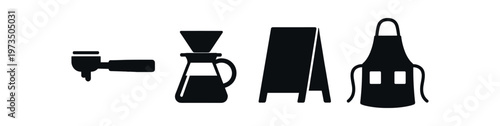 Coffee shop equipment icon. portafilter, pour-over brewer, sidewalk sign, apron. flat vector illustration.