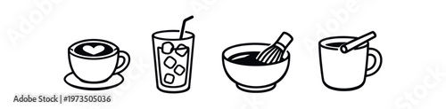 Drinks and kitchen tools icon set. coffee cup with latte art, iced drink, mixing bowl with whisk, mug with spoon, beverages and baking utensils. line, flat and colored vector icon set.