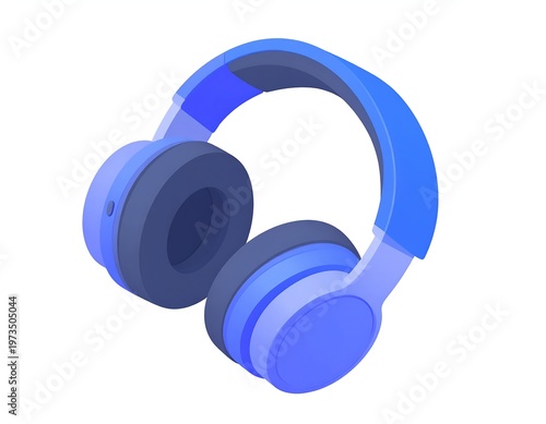 Isometric illustration of blue headphones, angled and floating on a white background