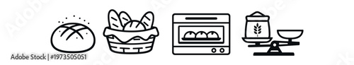 Bakery icon set. bread loaf, basket of baguettes, oven with baking tray, flour sack and scale, bakery tools and ingredients. line and flat vector illustration.