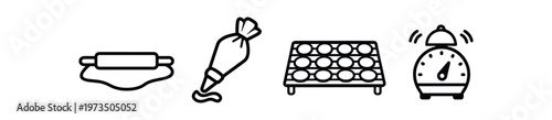 Baking tools icon set. rolling pin, piping bag, tray, kitchen timer, dough. line and flat vector illustration.