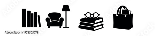 Reading and bookshop icon set. bookshelf, armchair with lamp, stack of books, bookshop tote. flat vector illustration.