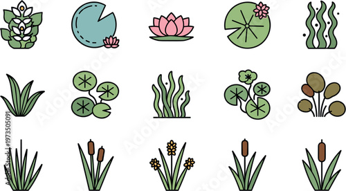 Aquatic plants and pond vegetation icons set with lotus lily pads reeds grasses and freshwater greenery in clean flat vector illustration style