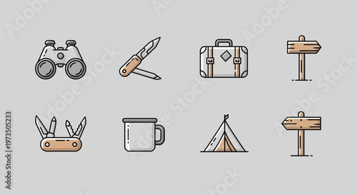 Illustration of camping and travel icons on gray background with binoculars and suitcase