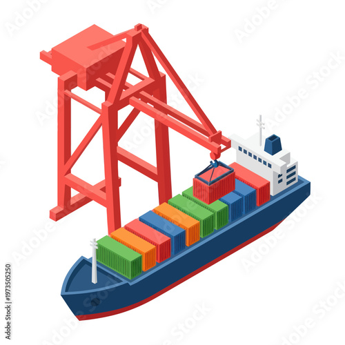 Cargo Ship Unloading Containers with a Crane at a Port.