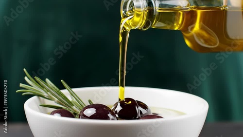 Golden extra virgin olive oil pouring from a clear glass bottle onto dark ripe olives in a white ceramic bowl with a fresh rosemary sprig on a dark green background.