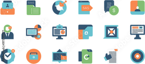 Business and finance flat icons set including security analytics payment documents user profiles and digital services for modern corporate applications vector illustration