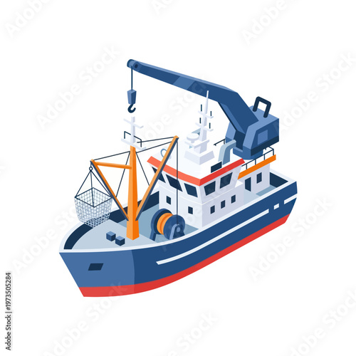 Isometric Fishing Boat with Crane and Net for Commercial Fishing.