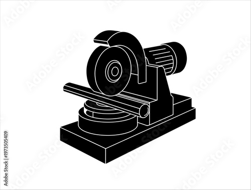 Chop saw silhouette with circular blade, motor housing, and base for industrial cutting operations.