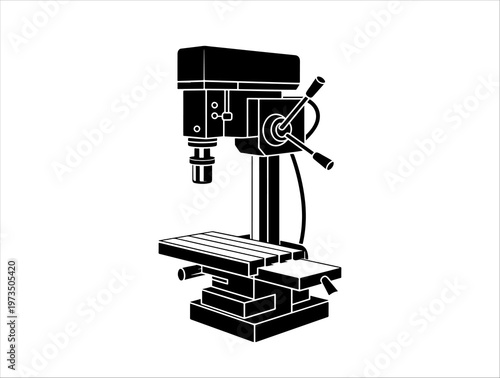 Milling machine silhouette with spindle head, column, and adjustable worktable for machining tasks.