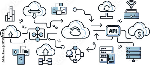 Cloud computing system diagram with API services data flow storage network connections and digital infrastructure architecture vector illustration