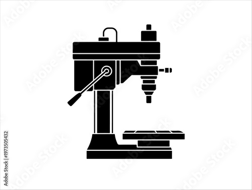 Drill press silhouette with base, column, adjustable table, and spindle head for precise drilling.