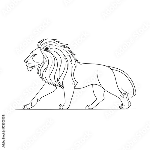Linear drawing of a majestic lion striding. Defined mane and sleek form