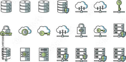 Cloud database security icons set with servers backup encryption keys locks and protected data storage systems in modern flat vector illustration style