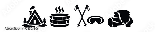 Winter lodge icon set. snow cabin, steaming hot tub, ski poles and goggles, fur armchair, cozy resort and spa symbols. flat vector illustration.