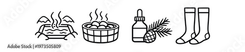 Foot spa and aromatherapy icon set. hot spring, foot bath, essential oil with pinecone, wool socks, wellness and self-care symbols. line and flat vector illustration.