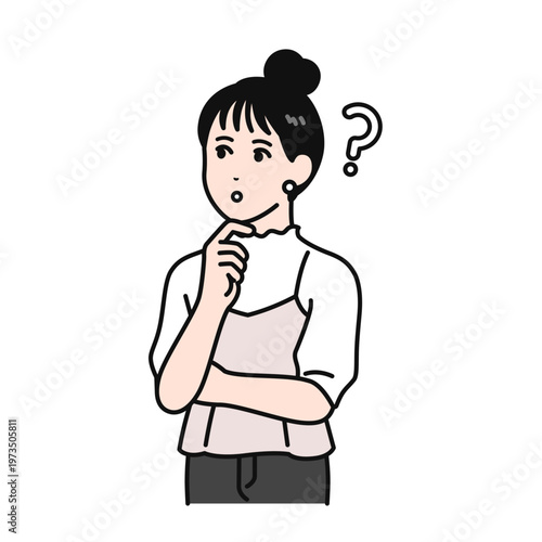 疑問符を浮かべるまとめ髪の若い女性のシンプルなベクターイラスト素材