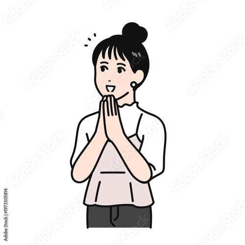 両手を合わせて感心するお団子ヘアの若い女性のシンプルなベクターイラスト素材