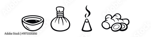 Aromatherapy and herbal treatment icon set. oil bowl, herbal compress, incense cone, ginger root, relaxation and massage. line and flat vector illustration.