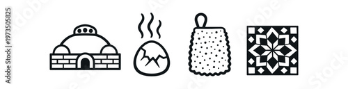 Georgian bathhouse icon set. bathhouse dome, steam, scrub mitt, bath tile, sauna, banya, bathing ritual. line, flat and colored vector icon set.