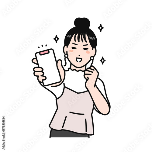 笑顔でスマートフォンの画面を見せるまとめ髪の若い女性のシンプルなベクターイラスト素材