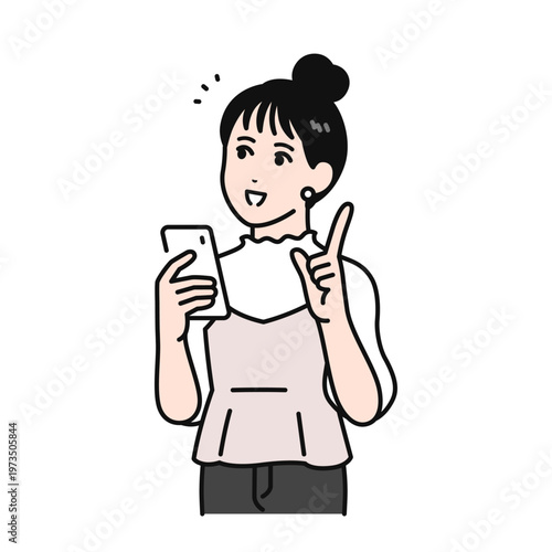 スマホを持って説明を聞くまとめ髪の若い女性のシンプルなベクターイラスト素材