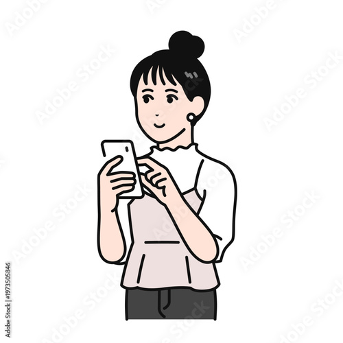 スマートフォンを操作するまとめ髪の若い女性のシンプルなベクターイラスト素材